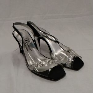 Vince Metallic Silver and Black Rhinestone Heels